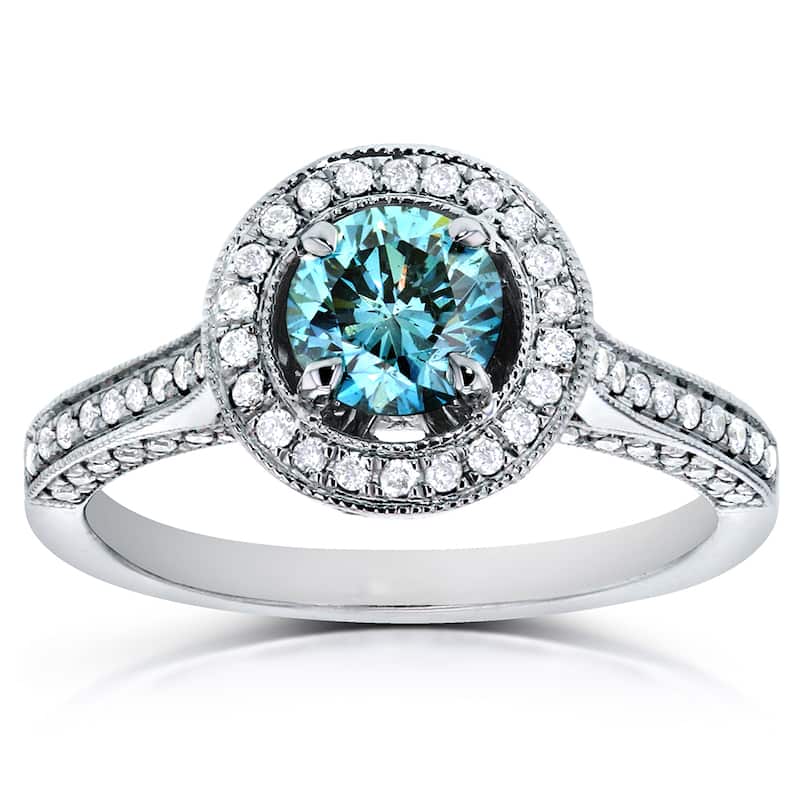 Kobelli 1.05 Carat Fancy Blue Diamond 14k Solid White Gold Halo Multi-Row Half Eternity Vintage Style Ring