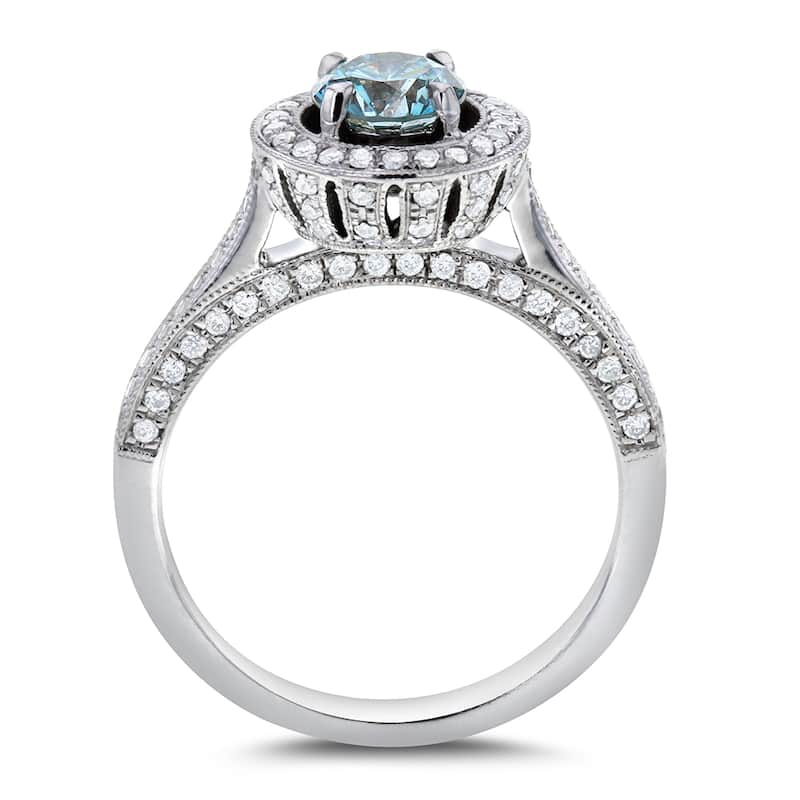 Kobelli 1.05 Carat Fancy Blue Diamond 14k Solid White Gold Halo Multi-Row Half Eternity Vintage Style Ring
