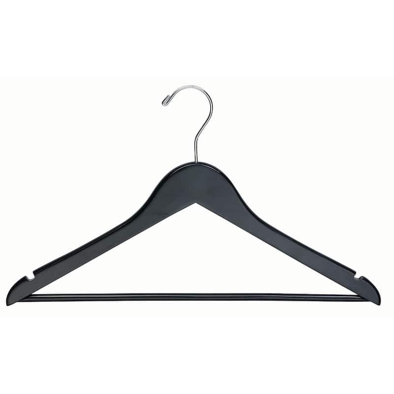 Black Wooden Suit Hangers with Solid Wood Pant Bar, Flat Hangers with Notches and Swivel Hook