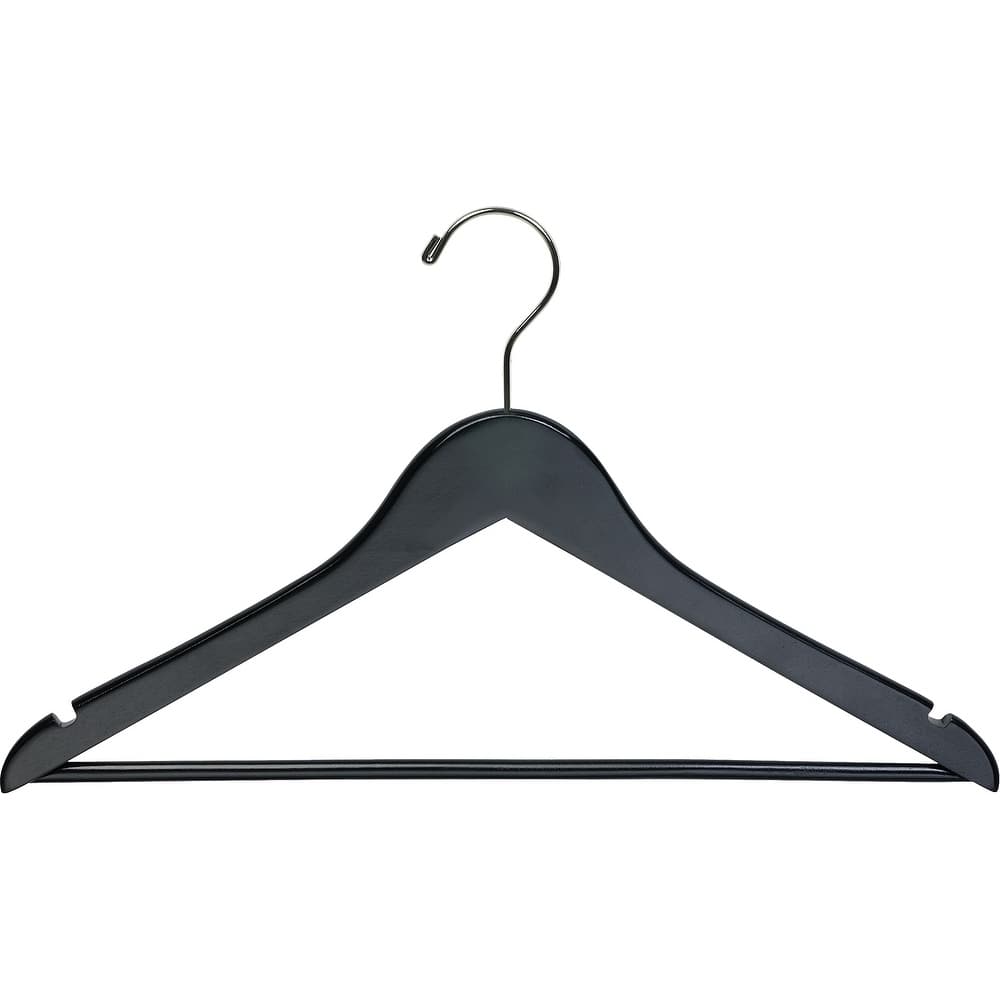 Black Wooden Suit Hangers with Solid Wood Pant Bar, Flat Hangers with Notches and Swivel Hook