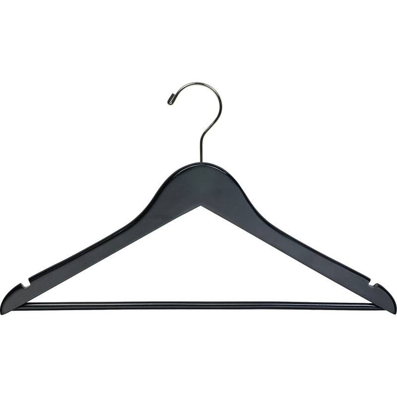 Black Wooden Suit Hangers with Solid Wood Pant Bar, Flat Hangers with Notches and Swivel Hook