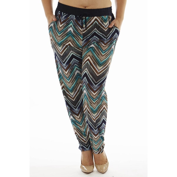 Golden Black Womens Plus Size Zig Zag Printed Knitted Jogger Pants