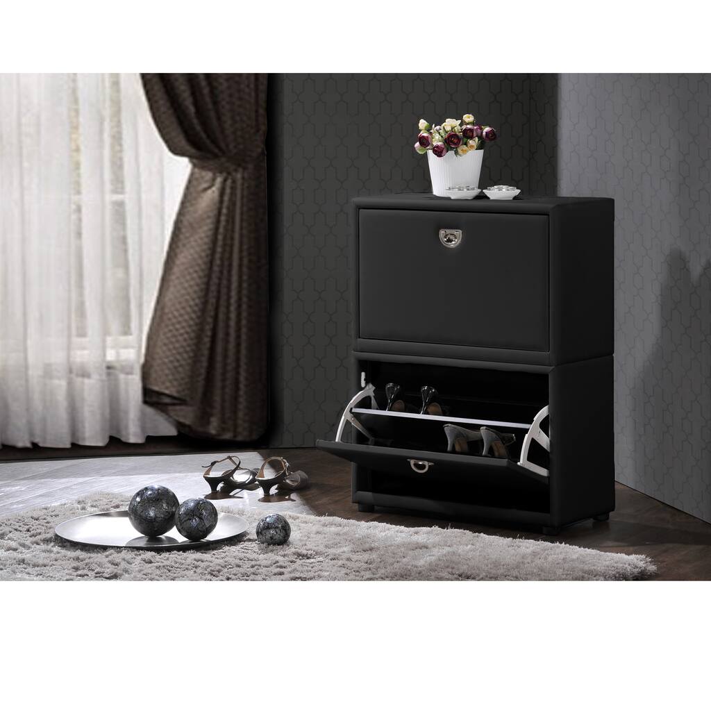 Baxton Studio Petito Contemporary 2-tier Black Faux Leather Upholstered Shoe Cabinet