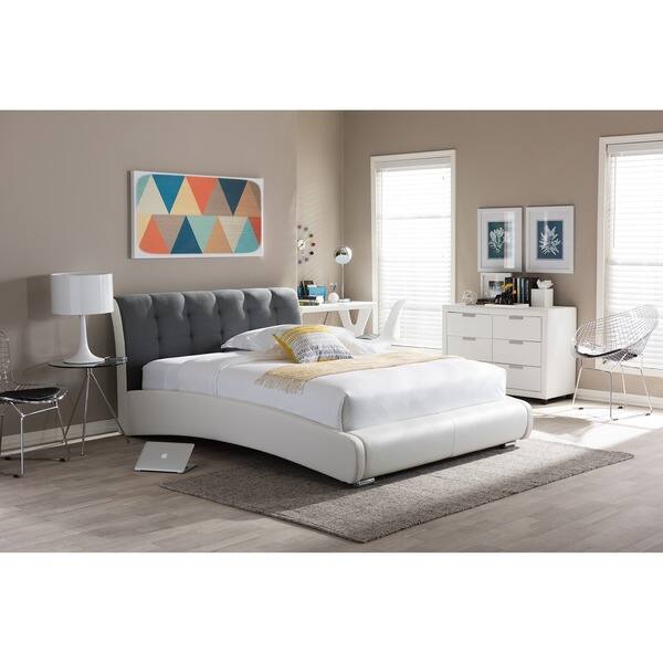 Guerin Contemporary White Grey Two Tone Faux Leather Micro Suede Upholstered Grid Tufted Queen Size Platform Bed