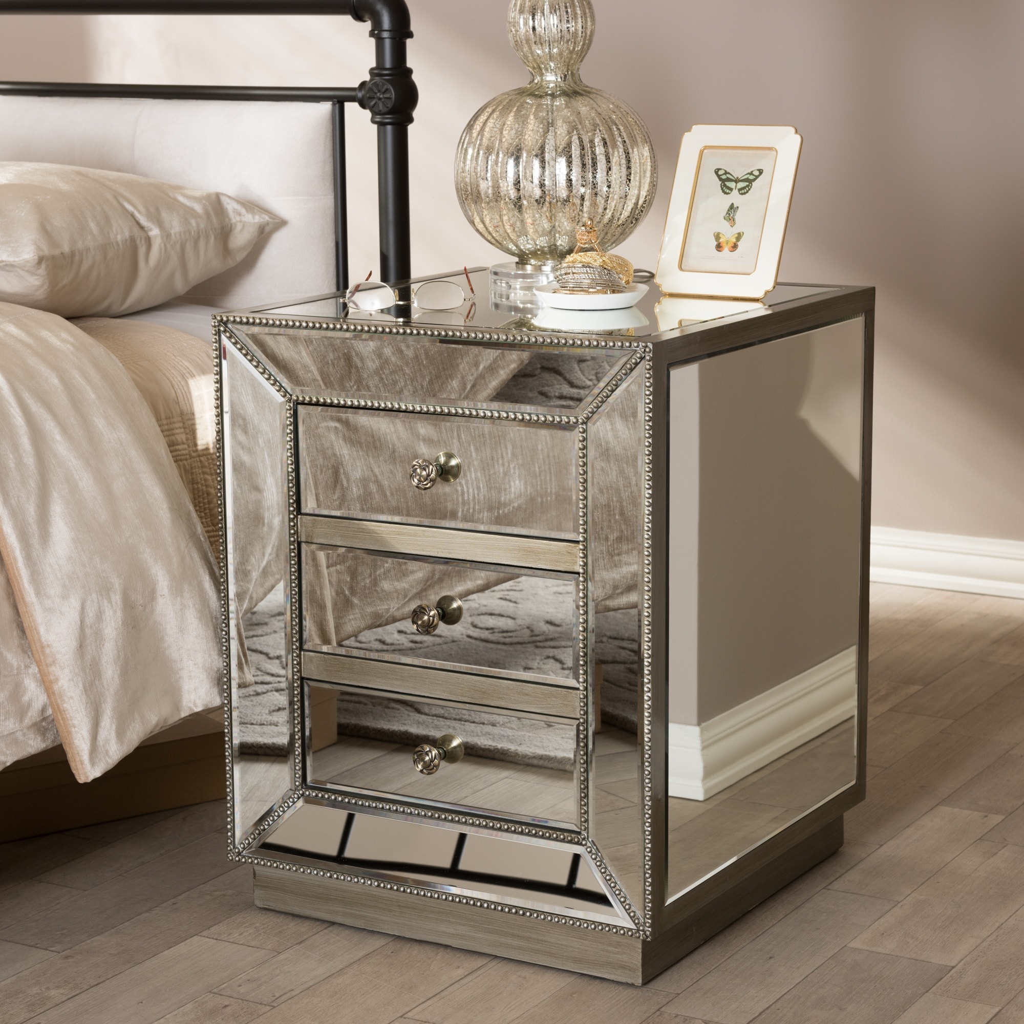 Currin Contemporary Mirrored 3 Drawer Nightstand Overstock 10137283