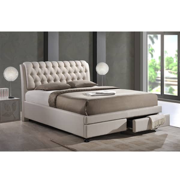 Baxton Studio Ainge Contemporary Button-Tufted Light Beige Fabric Upholstered Storage King-Size Bed with 2-drawer