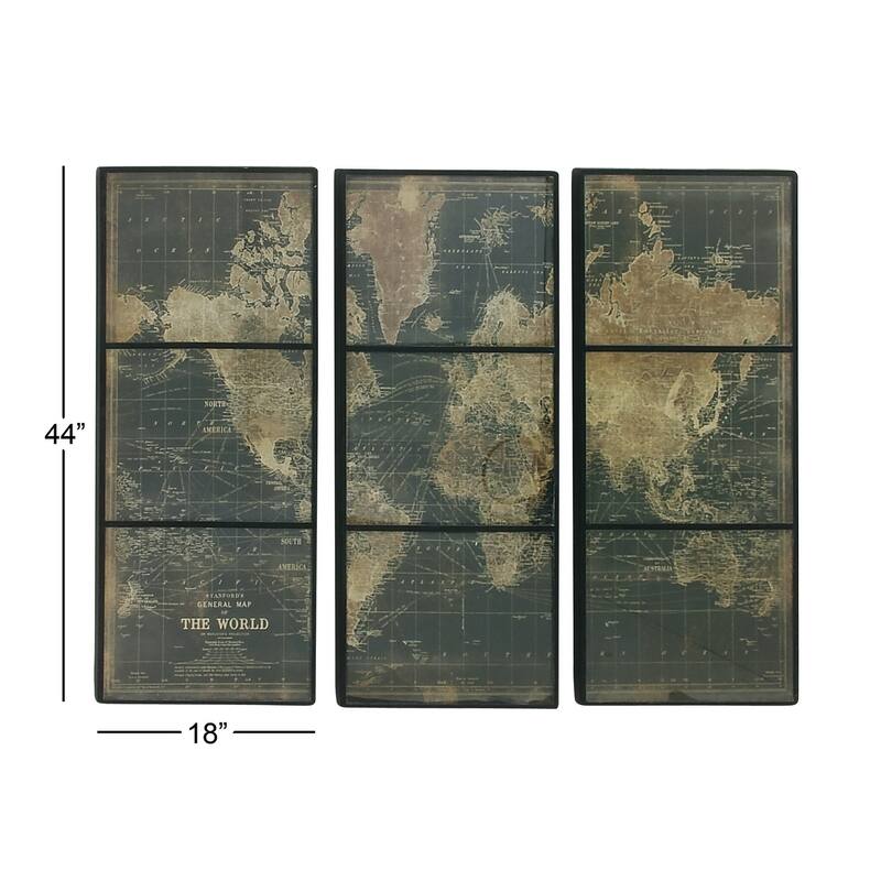 World Map Wood Glass Wall Panel Set of 3