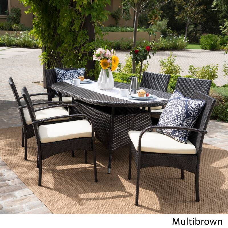 Anthony Outdoor 7-piece Wicker Dining Set with Cushions by Christopher Knight Home - Brown