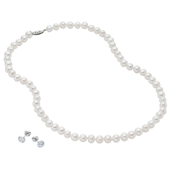 Pealyta Sterling Silver Freshwater Pearl and Cubic Zirconia Jewelry Set (7-8mm) - White