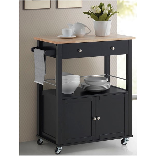 Baxton Studio Denton Contemporary Black Kitchen Cart with Wood Top