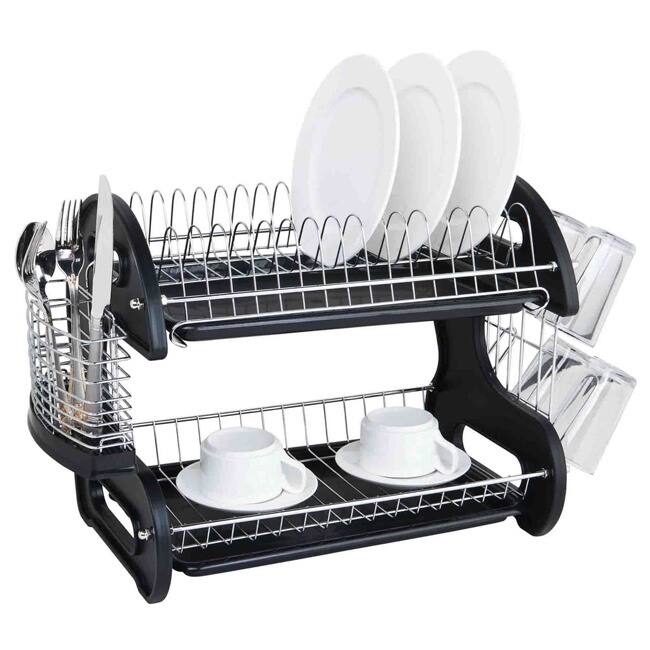 Sleek Contemporary Design 2-tier Black Dish Drainer