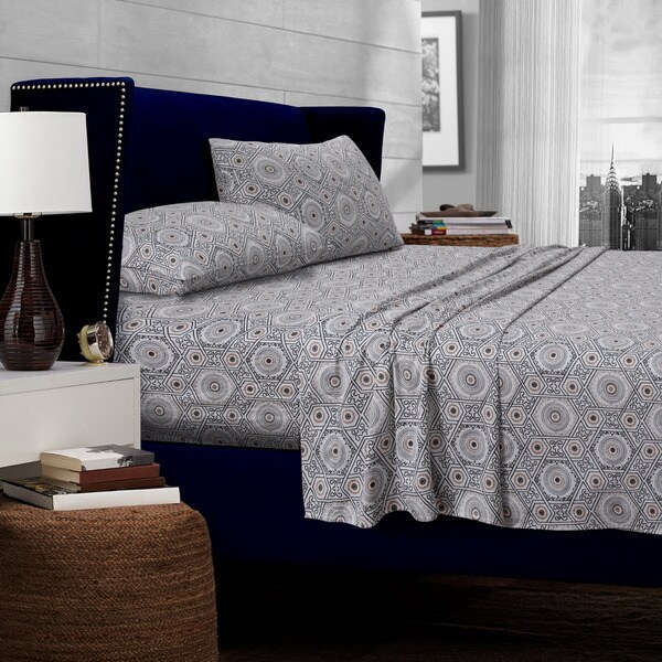 Maldives Black/ Cashmere Medallion Printed Cotton Sateen 300 Thread Count Extra Deep Pocket Sheet Set