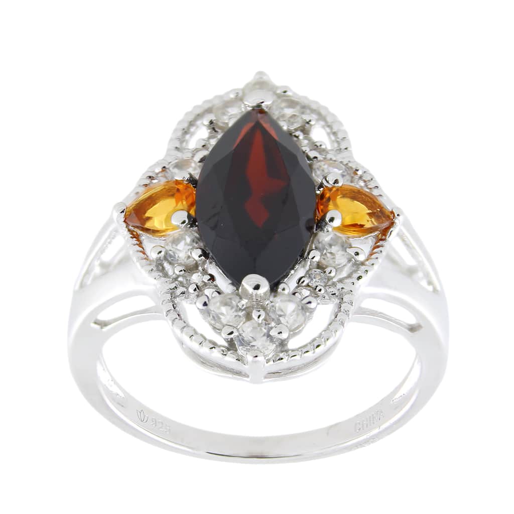 Sterling Silver Marquise Garnet Citrine and White Zircon Ring - Red