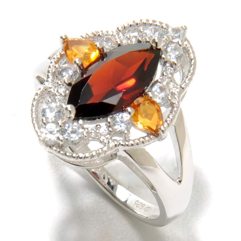 Sterling Silver Marquise Garnet Citrine and White Zircon Ring - Red