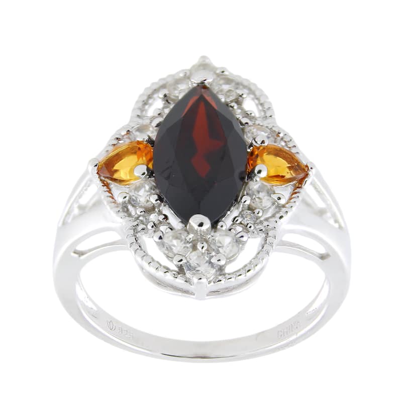 Sterling Silver Marquise Garnet Citrine and White Zircon Ring - Red