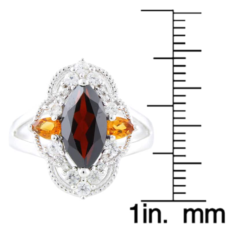 Sterling Silver Marquise Garnet Citrine and White Zircon Ring - Red