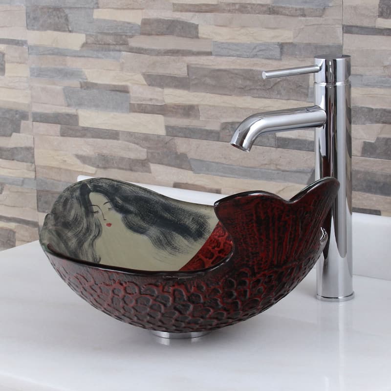 Elite Mermaid IVY+F371023 Pattern Tempered Glass Bathroom Vessel Sink with Faucet Combo