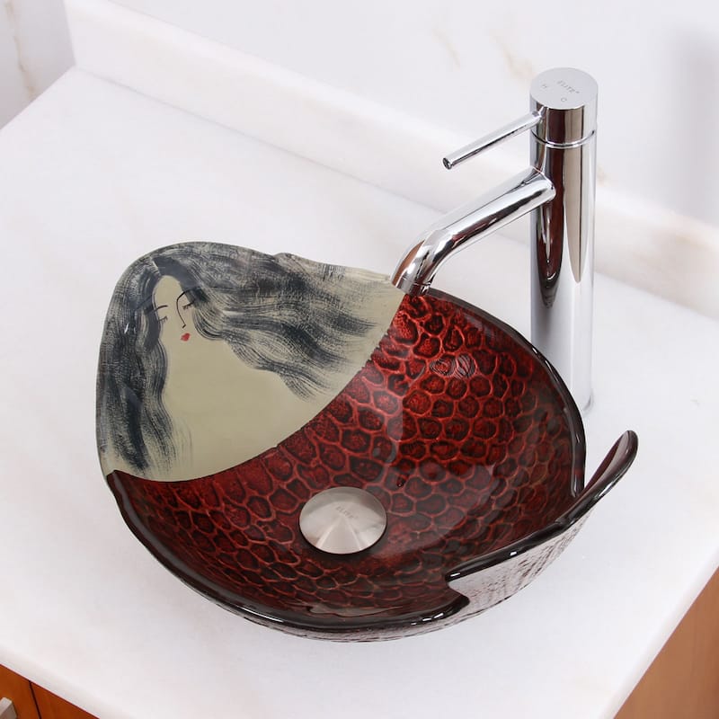 Elite Mermaid IVY+F371023 Pattern Tempered Glass Bathroom Vessel Sink with Faucet Combo