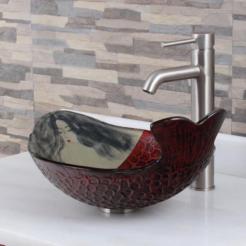 Elite Mermaid IVY+F371023 Pattern Tempered Glass Bathroom Vessel Sink with Faucet Combo