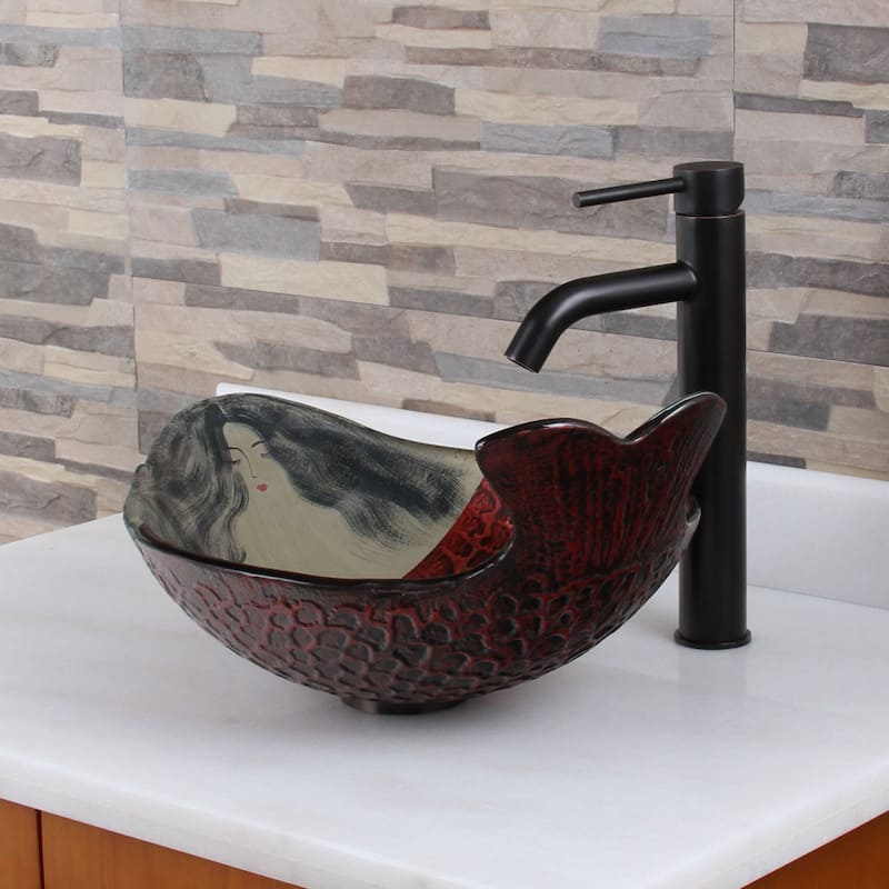 Elite Mermaid IVY+F371023 Pattern Tempered Glass Bathroom Vessel Sink with Faucet Combo