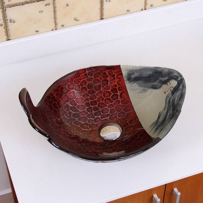Elite Mermaid IVY+F22T Pattern Tempered Glass Bathroom Vessel Sink and Waterfall Faucet Combo