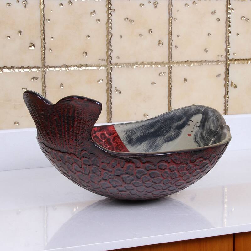 Elite Mermaid IVY+F22T Pattern Tempered Glass Bathroom Vessel Sink and Waterfall Faucet Combo