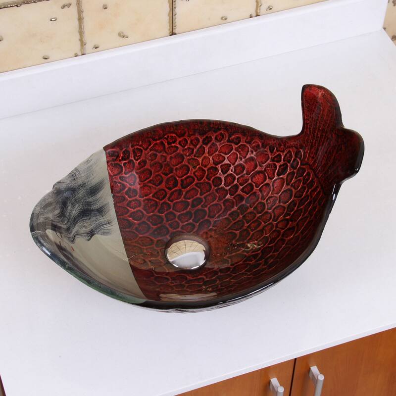 Elite Mermaid IVY+F22T Pattern Tempered Glass Bathroom Vessel Sink and Waterfall Faucet Combo