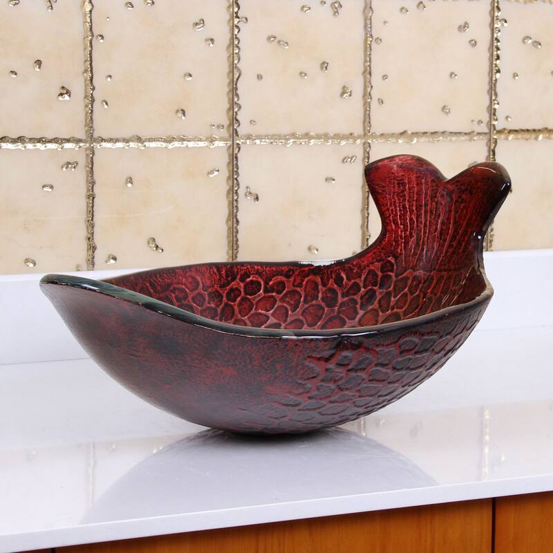 Elite Mermaid IVY+F22T Pattern Tempered Glass Bathroom Vessel Sink and Waterfall Faucet Combo