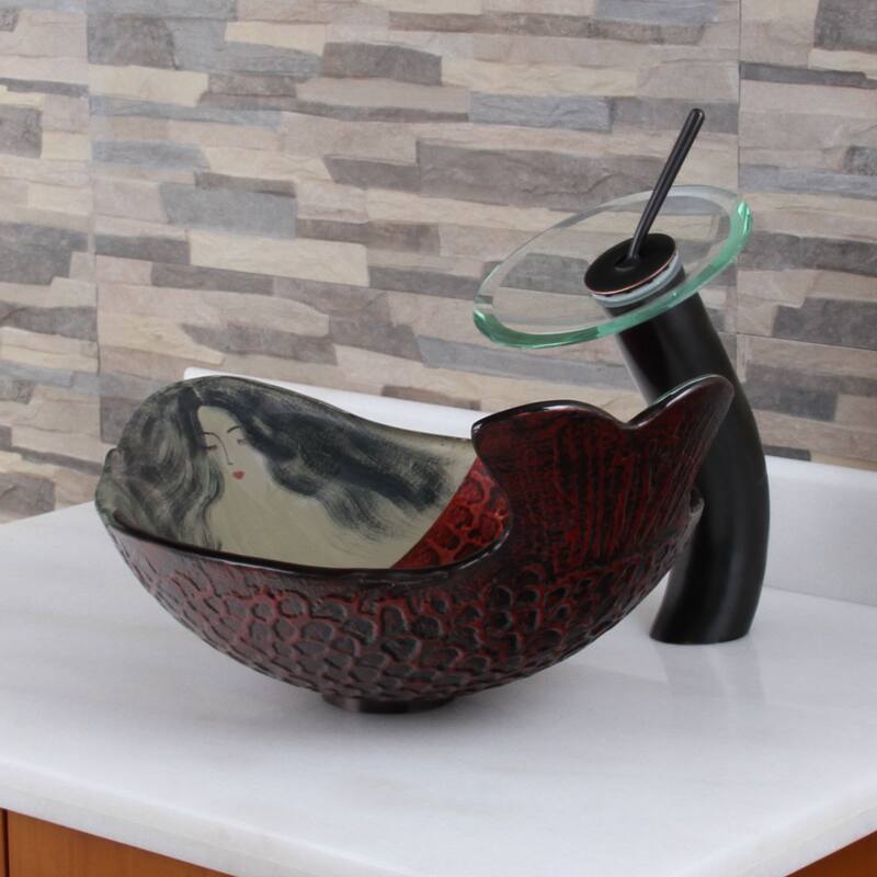 Elite Mermaid IVY+F22T Pattern Tempered Glass Bathroom Vessel Sink and Waterfall Faucet Combo