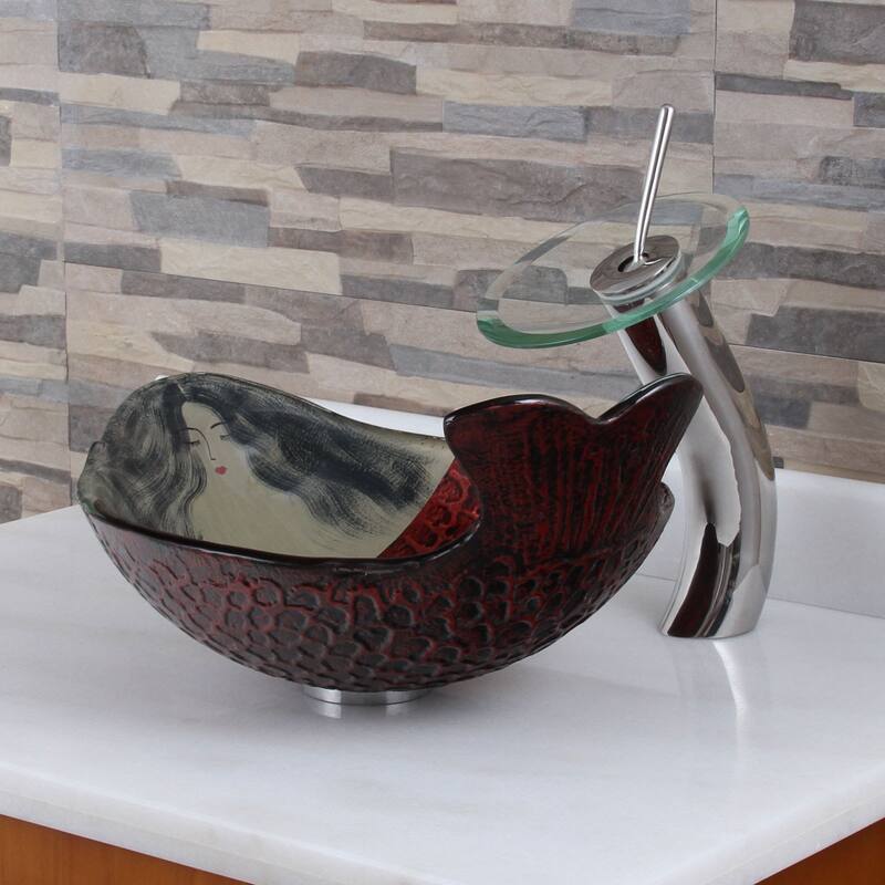 Elite Mermaid IVY+F22T Pattern Tempered Glass Bathroom Vessel Sink and Waterfall Faucet Combo