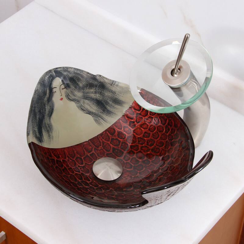 Elite Mermaid IVY+F22T Pattern Tempered Glass Bathroom Vessel Sink and Waterfall Faucet Combo