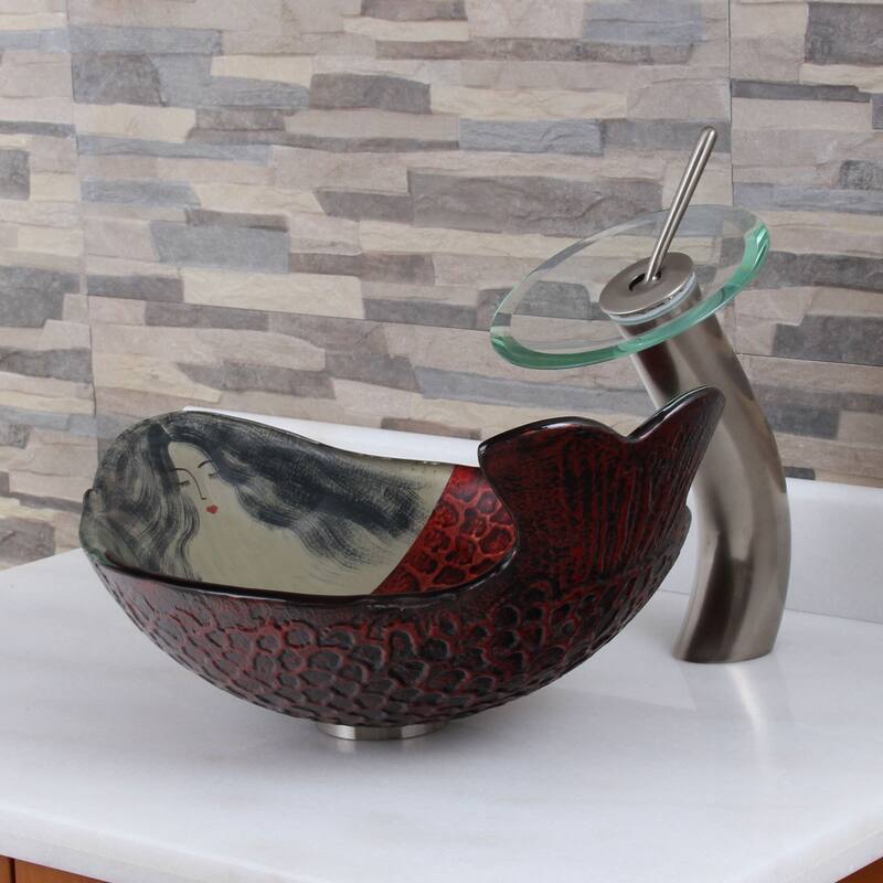 Elite Mermaid IVY+F22T Pattern Tempered Glass Bathroom Vessel Sink and Waterfall Faucet Combo