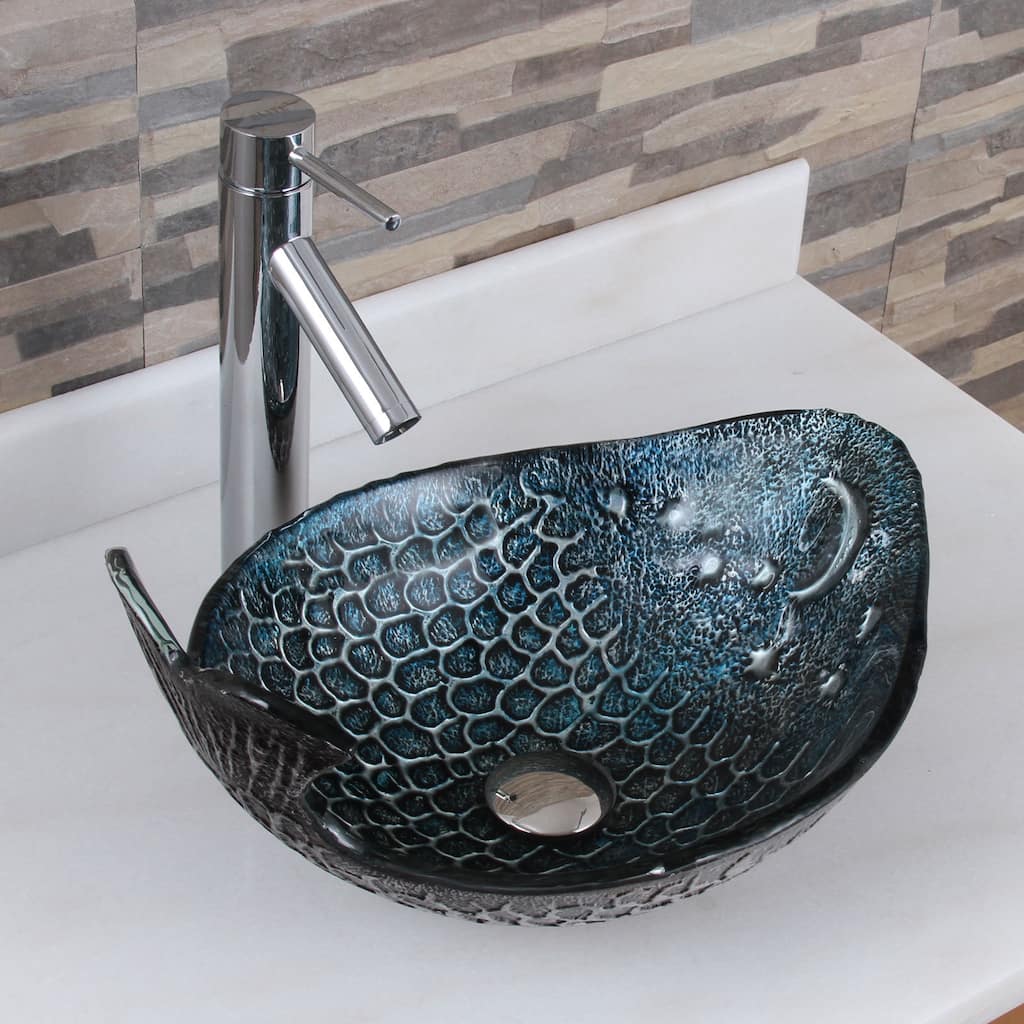 Elite Pacific Whale+2659 Pattern Tempered Glass Bathroom Vessel Sink With Faucet Combo