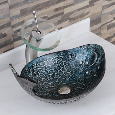 Elite Pacific Whale+F22T Pattern Tempered Glass Bathroom Vessel Sink and Waterfall Faucet Combo