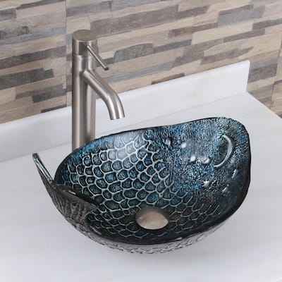 Elite Pacific Whale+F371023 Pattern Tempered Glass Bathroom Vessel Sink With Faucet Combo