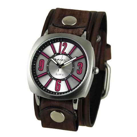 Nemesis Silver and Pink 'Comely' Unisex Watch with Vintage Brown Embossed Stripes Leather Cuff Band
