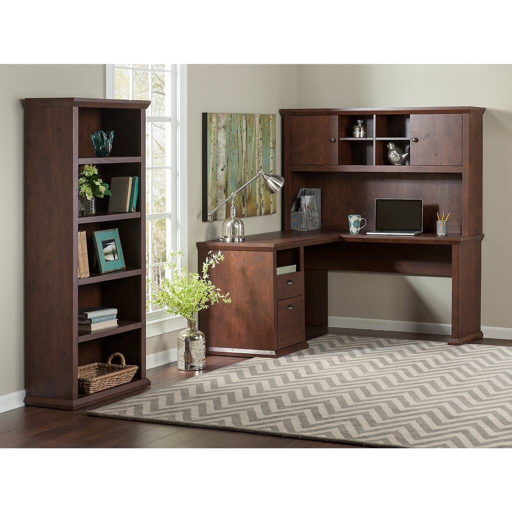 L-shaped Desk with Hutch and Bookcase in Antique Cherry
