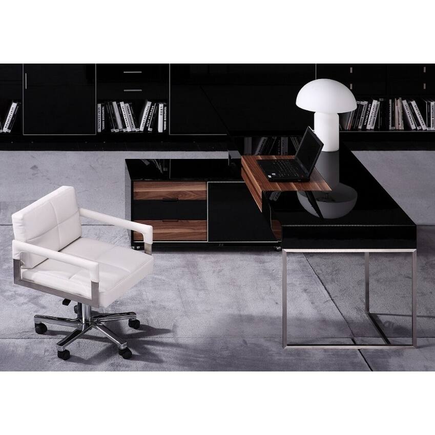 Modrest Ezra Black Gloss and Walnut Office Desk With Side Cabinet