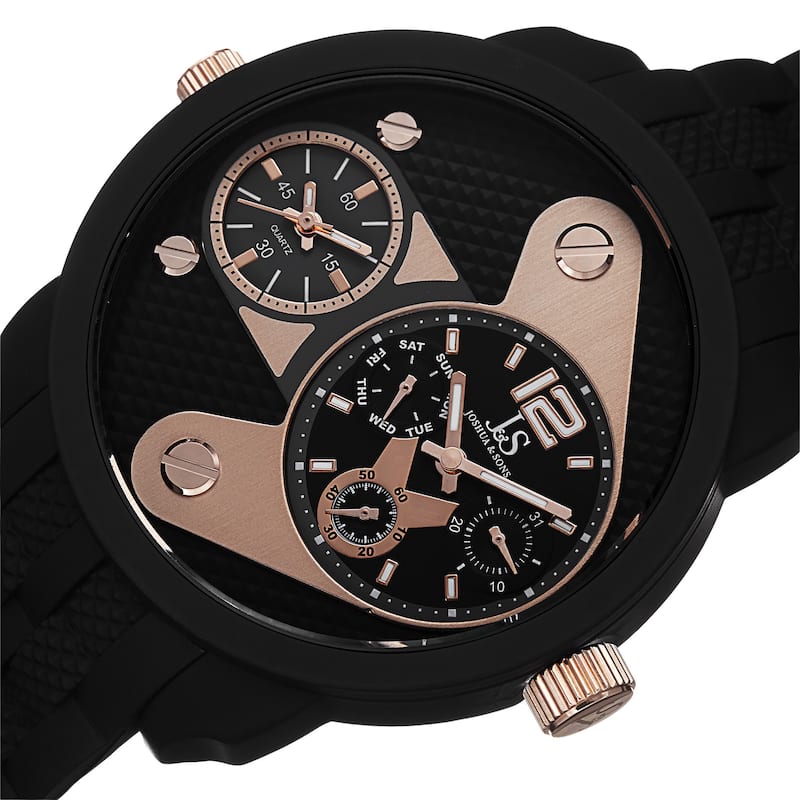 Joshua & Sons Men's Swiss Quartz Dual-Time Multifunction Embossed Design Rose-Tone Strap Watch - GOLD