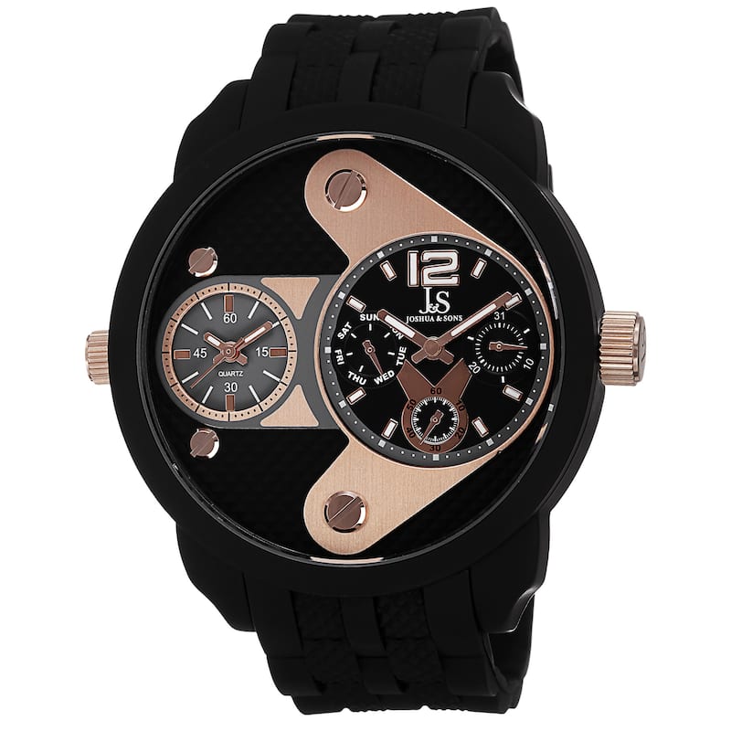 Joshua & Sons Men's Swiss Quartz Dual-Time Multifunction Embossed Design Rose-Tone Strap Watch - GOLD