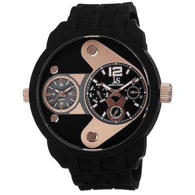 Joshua & Sons Men's Swiss Quartz Dual-Time Multifunction Embossed Design Rose-Tone Strap Watch - GOLD