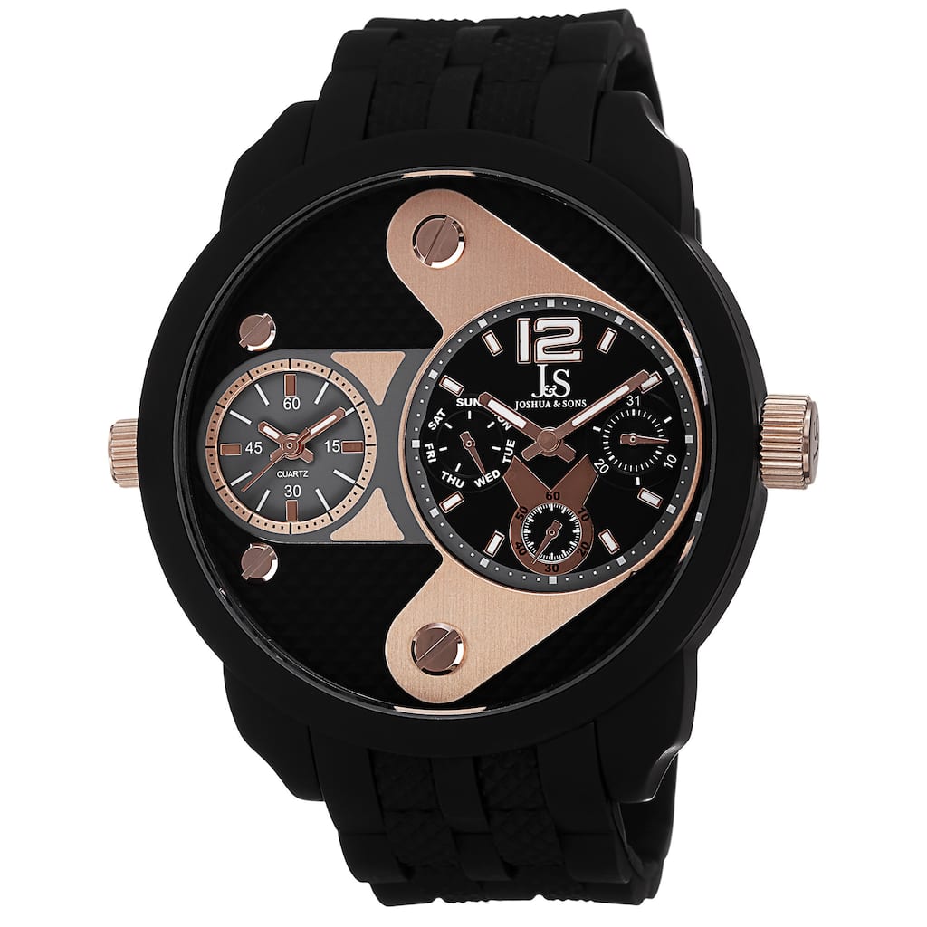 Joshua & Sons Men's Swiss Quartz Dual-Time Multifunction Embossed Design Rose-Tone Strap Watch - GOLD