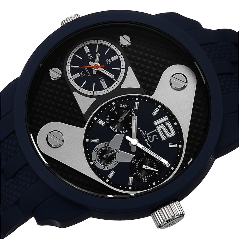 Joshua & Sons Men's Swiss Quartz Dual-Time Multifunction Embossed Design Blue Strap Watch