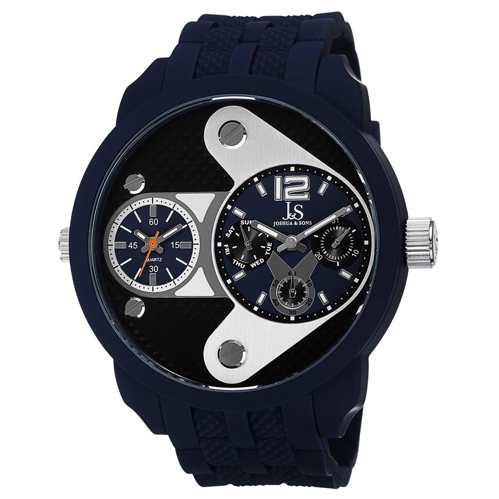 Joshua & Sons Men's Swiss Quartz Dual-Time Multifunction Embossed Design Blue Strap Watch