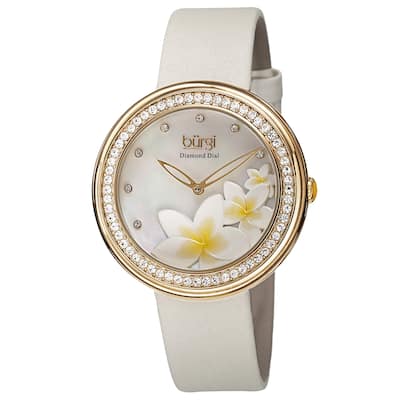 Burgi Women's Quartz Diamond Floral Plumeria Design White Strap Watch - Gold
