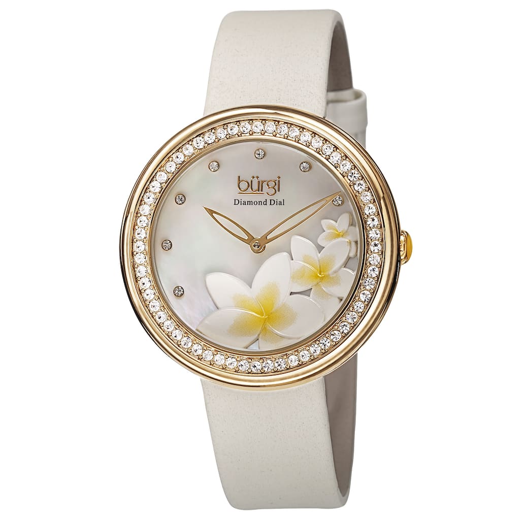 Burgi Women's Quartz Diamond Floral Plumeria Design White Strap Watch - Gold