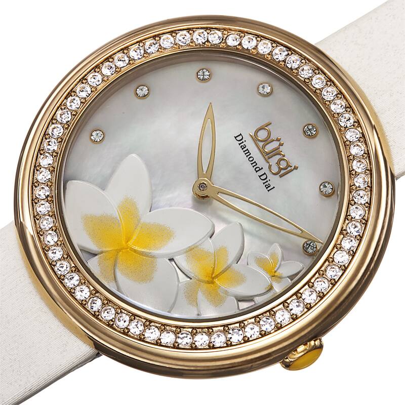 Burgi Women's Quartz Diamond Floral Plumeria Design White Strap Watch - Gold