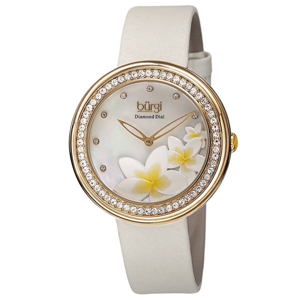 Burgi Women's Quartz Diamond Floral Plumeria Design White Strap Watch - Gold