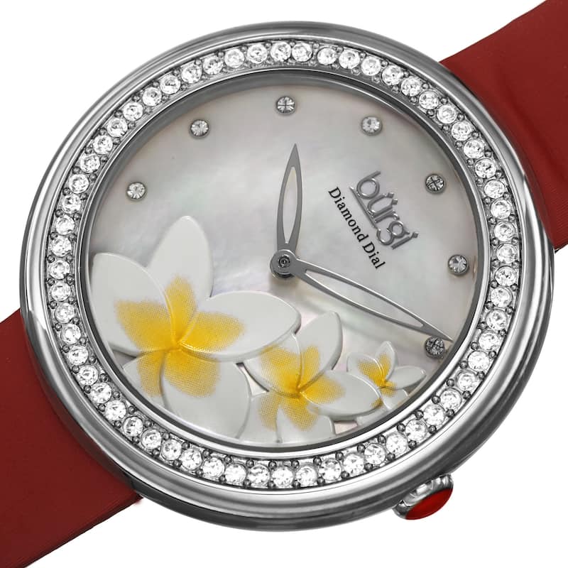 Burgi Women's Quartz Diamond Floral Plumeria Design Red Strap Watch