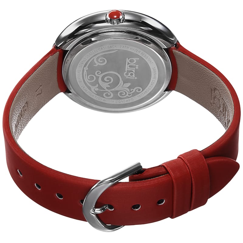 Burgi Women's Quartz Diamond Floral Plumeria Design Red Strap Watch
